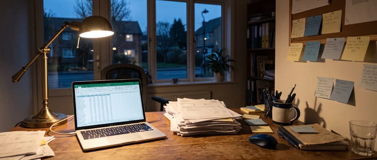 Schreibtisch am Abend mit Papierrechnungen, Notizzetteln und einem Laptop.